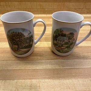 Vintage Currier & Ives Collectible 4 Seasons Mugs Gold Trim Summer and Autumn